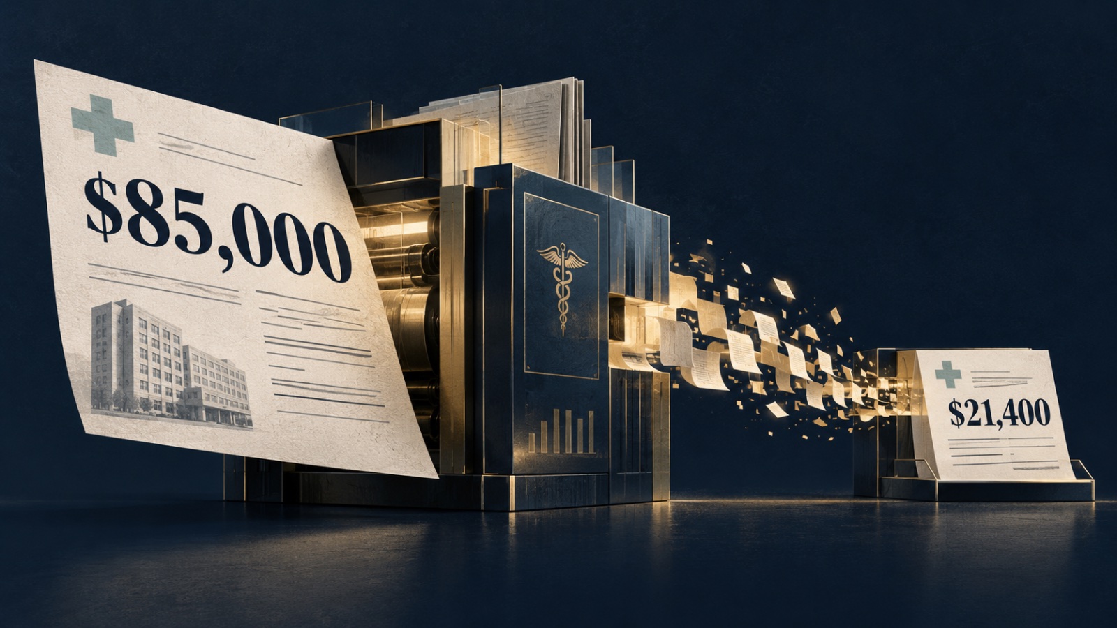 An $85,000 hospital bill enters a payment machine and emerges as a $21,400 remittance.