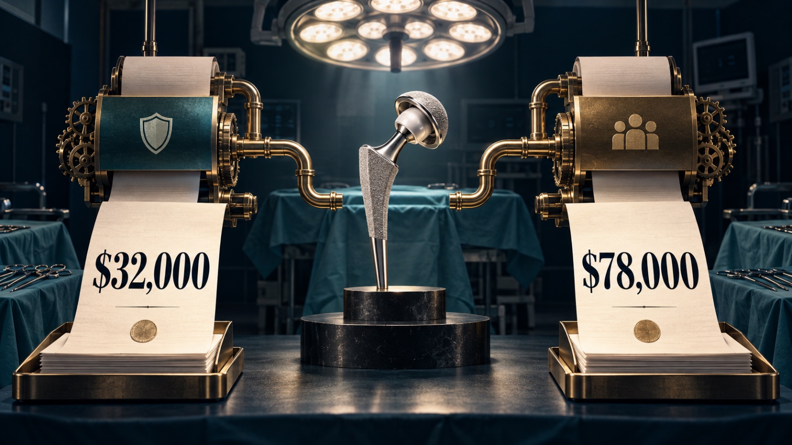 Two identical hip replacements printing two different prices, $32,000 and $78,000, in the same operating room.