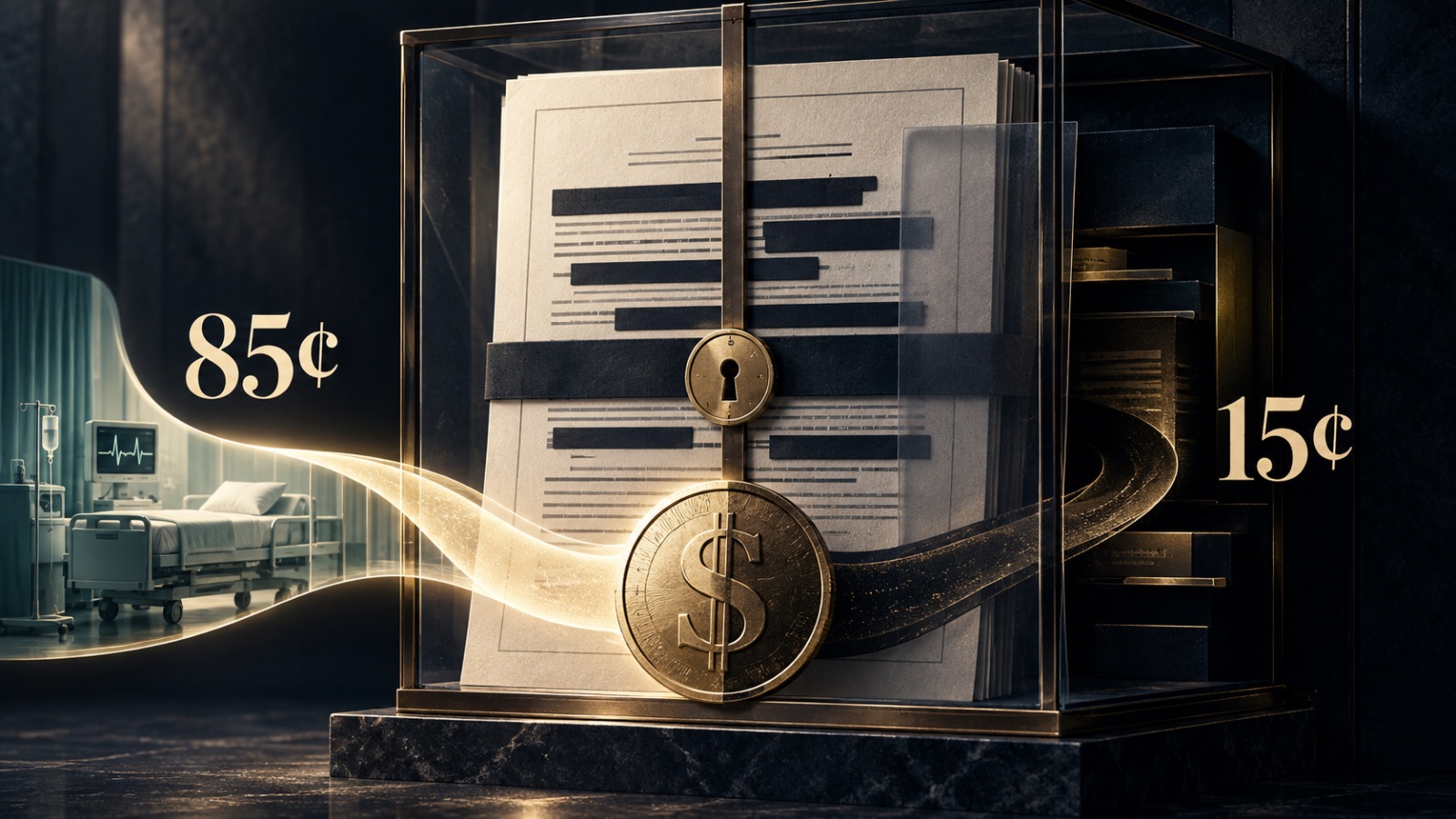 A sealed, redacted insurance contract in a glass case splitting the premium dollar into 85 cents of care and 15 cents of retention.