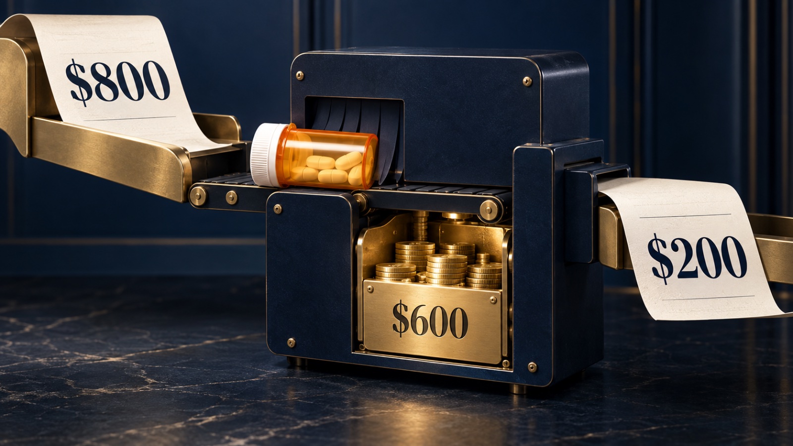 A prescription claim billed at $800 passing through a machine that keeps $600 and pays out $200.