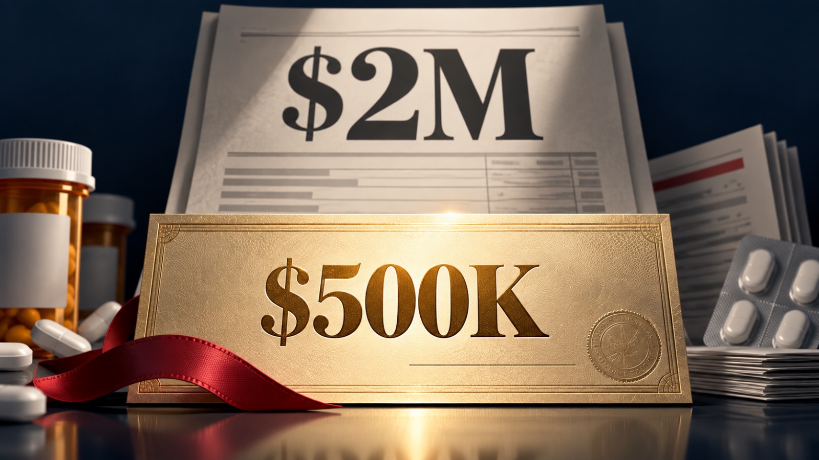A gold $500K rebate plaque standing in front of a $2M invoice.