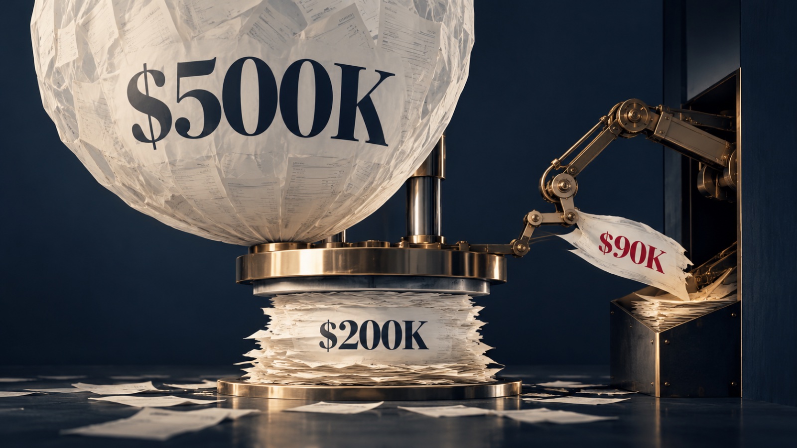 A balloon of paper claims marked $500K compressed down to $200K while a robotic arm removes a $90K fee.