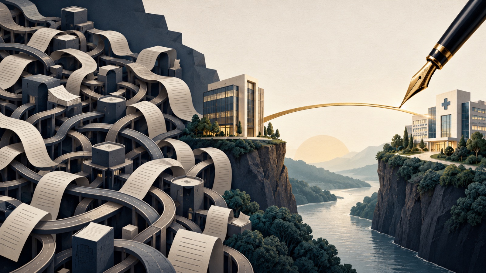 A gold pen drawing a direct bridge over a tangled maze of paper contracts to a hospital.