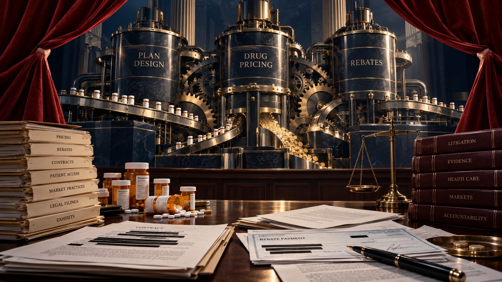 A litigation desk of exhibits and redacted contracts in front of machinery labeled plan design, drug pricing and rebates.