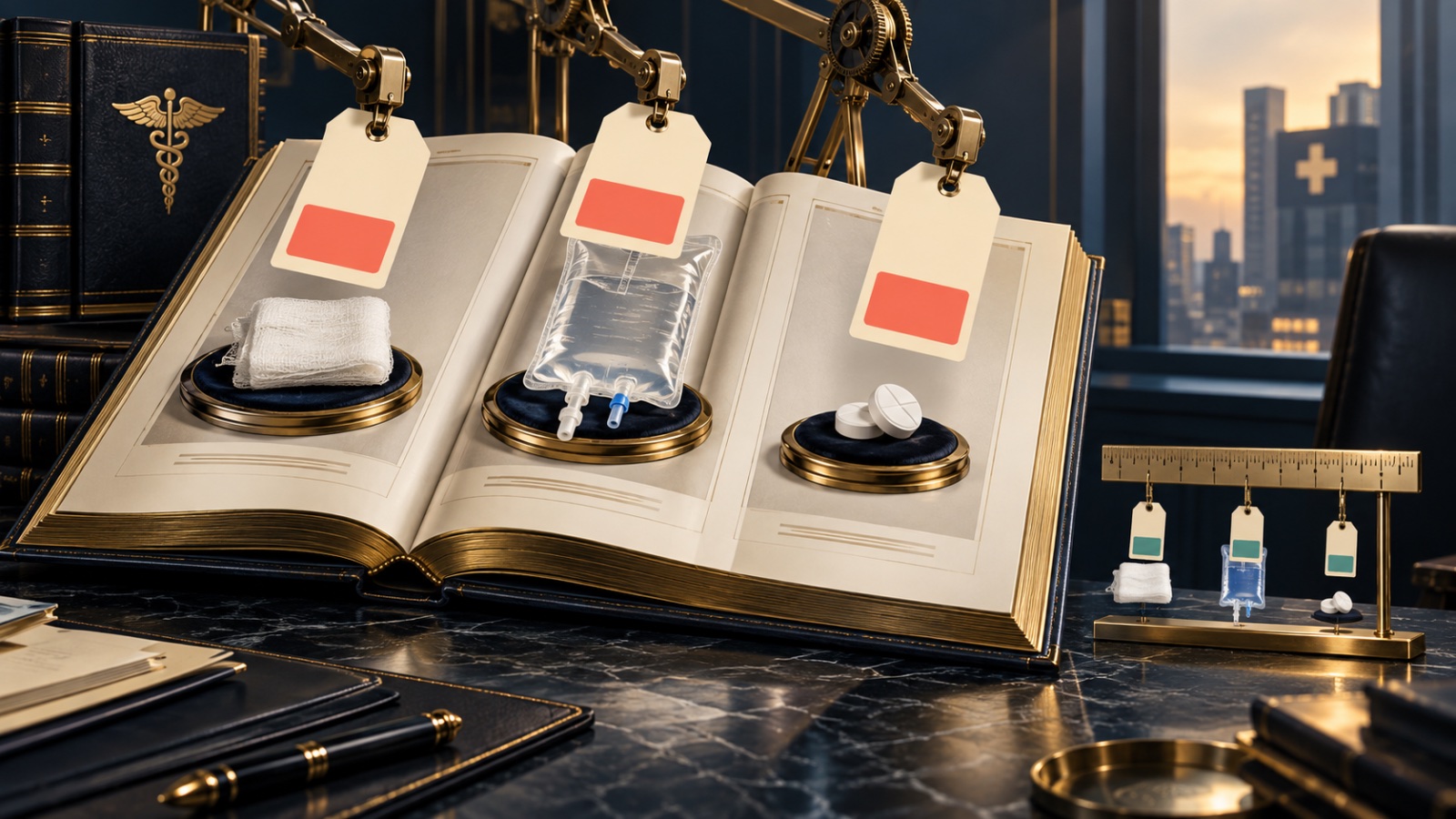 Basic hospital supplies displayed on velvet pedestals with blank, invented price tags.