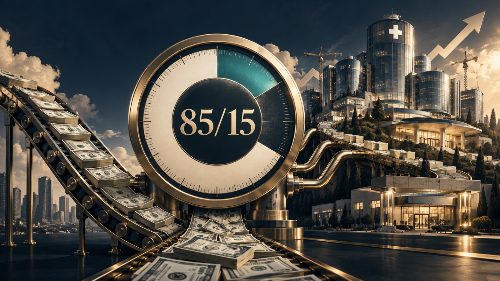 An 85/15 dial measuring where premium dollars go as cash travels toward hospital construction.
