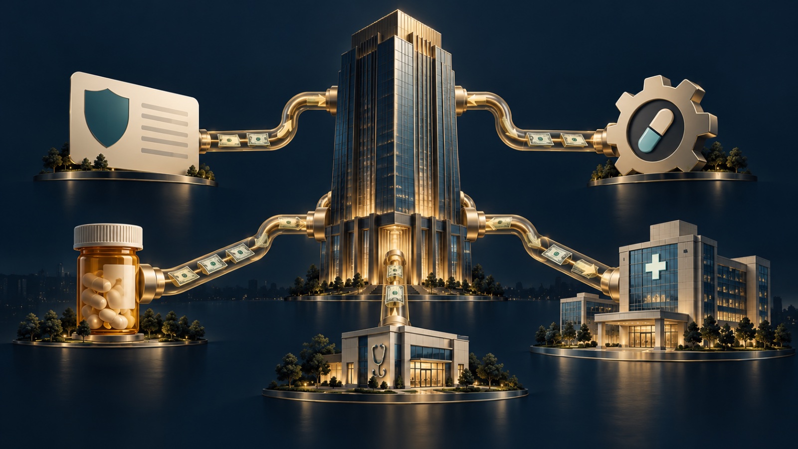 A corporate tower linked by golden pipes of cash to a pharmacy, an insurer, a clinic and a hospital.