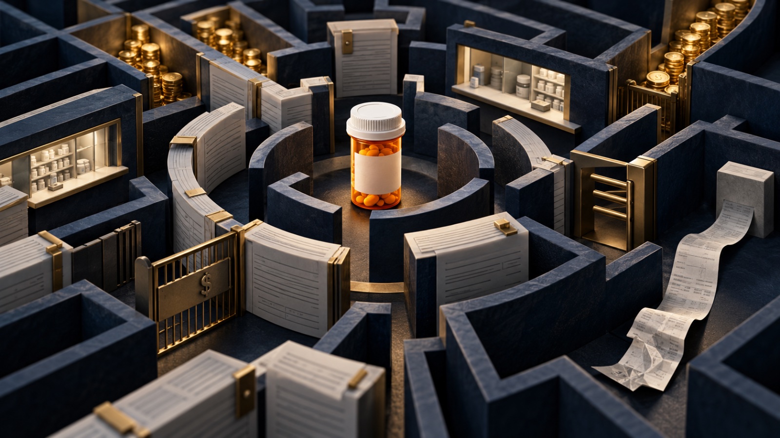 A single prescription bottle at the center of a navy maze of paperwork, gates and stacks of coins.