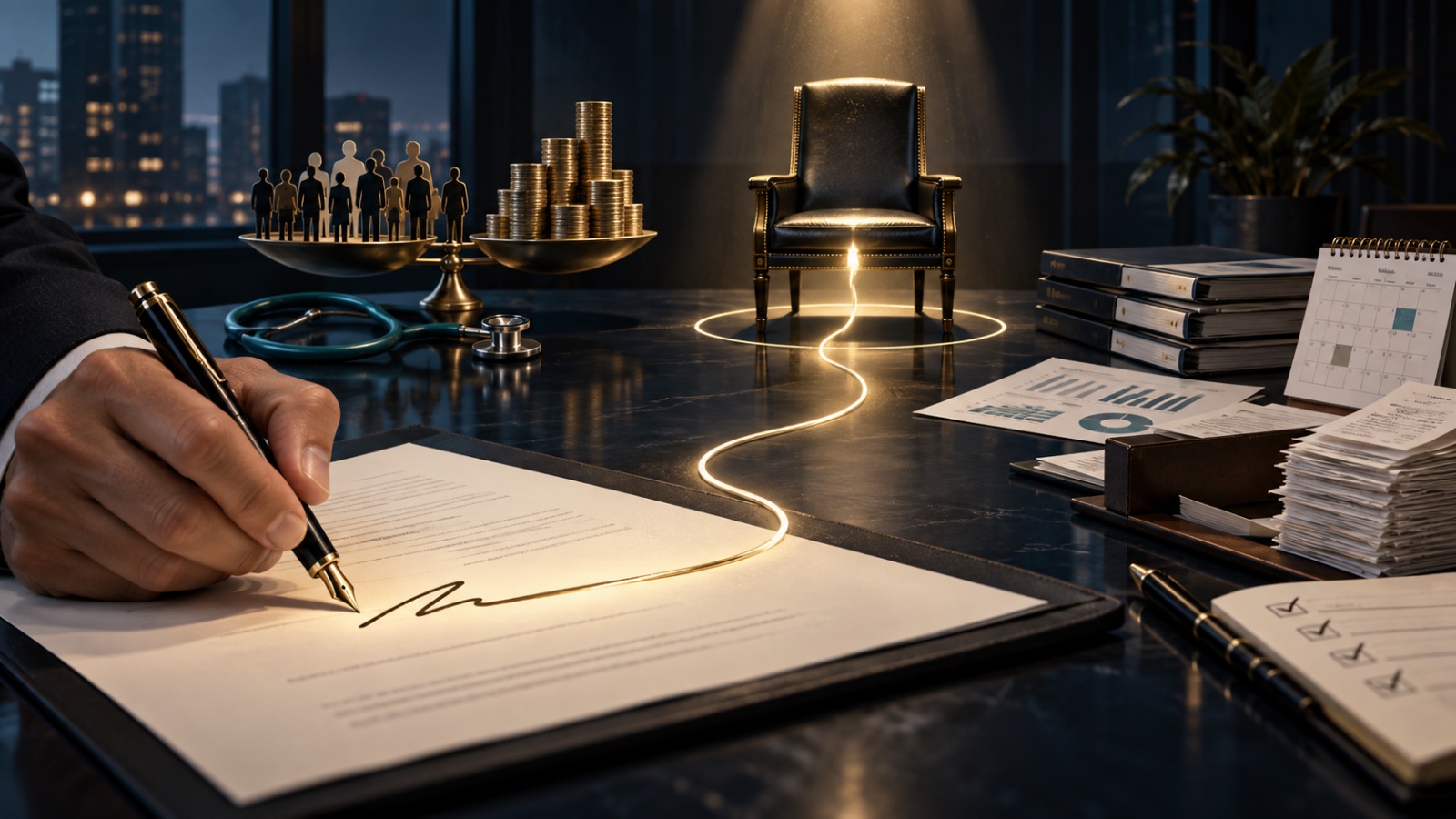 A fountain pen signing a plan document, a glowing line leading to an empty fiduciary chair beside scales weighing employees against stacks of coins.